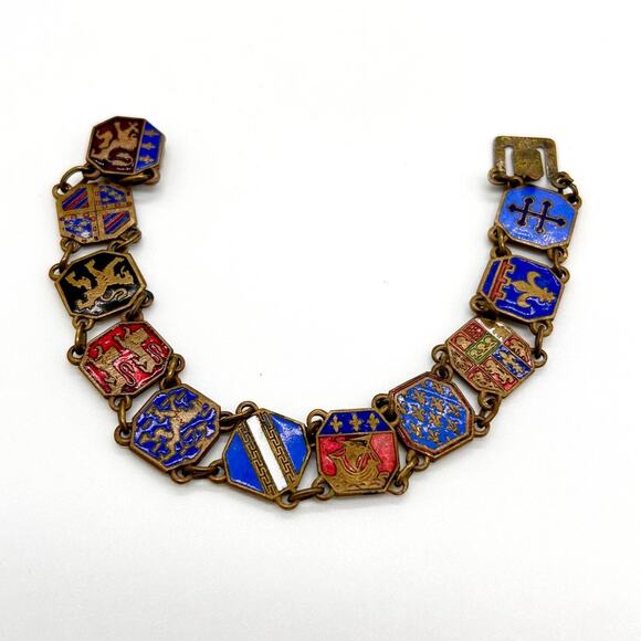 Vintage Jewelry - Vintage French Art Deco Enamel Link Bracelet Coat of Arms Travel Souvenir Gift